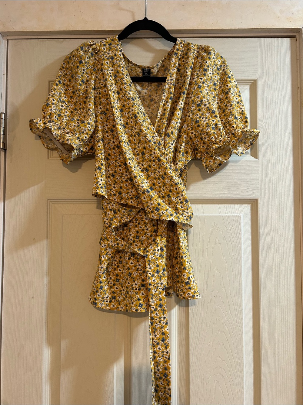 SHEIN Yellow Floral Wrap Blouse